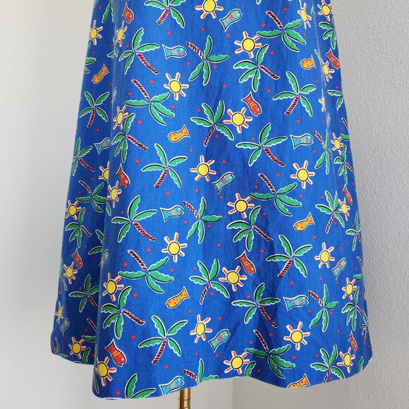 Vintage 80s/90s Blue Sundress Palm Tree Sun Fish Tropical Pattern Ring Straps M - Picture 8 of 10